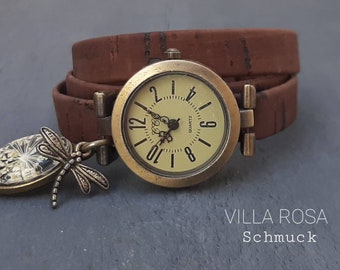 Wrap Wristwatch Antique Bronze Cork Band Medium Brown Dill Flower Pendant Flower Cream Dragonfly Ladies Watch Boho Watch