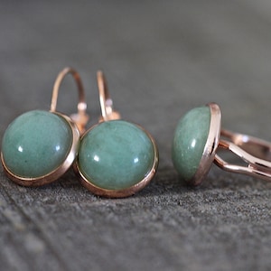 Jewelry set Aventurine rose gold jewelry earrings finger ring green gemstone jewelry Rose gemstone jewelry set Green gemstone rose gold