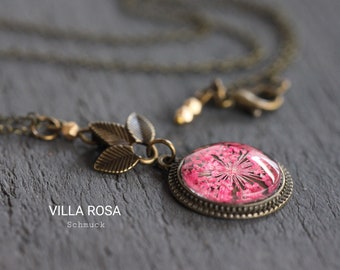 Flower necklace real dill blossom raspberry-colored cabochon jewelry bronze natural jewelry