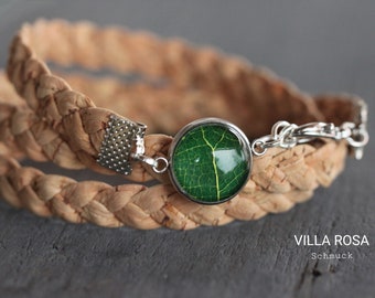 Cork bracelet wrap bracelet natural cork with real green leaf glass cabochon bracelet nature forest