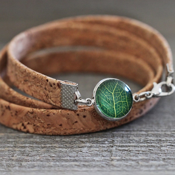 Bracelet en liège naturel bracelet végétalien bracelet femme bracelet véritable feuille bijoux forêt verte bijoux naturels bijoux naturels vraie feuille