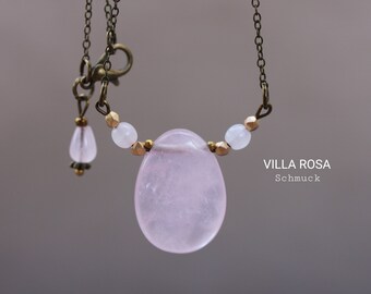 Necklace short rose quartz drops antique bronze Boho style gemstone necklace gemstone jewelry