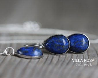 Lapis Lazuli Schmuckset 925 Sterling Silber Kette 45cm Edelstahl Tropfenform Silberschmuck Ohrringe blau nickelfrei