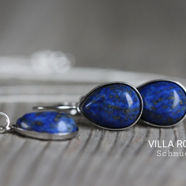 Lapis Lazuli Schmuckset 925 Sterling Silber Kette 45cm Edelstahl Tropfenform Silberschmuck Ohrringe blau nickelfrei