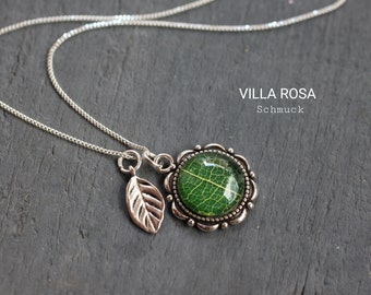 Leaf Real Puff Pastry 925 Sterling Silver Necklace 40 cm Natural Jewelry Real Jewelry Silver Necklace with Pendant Green