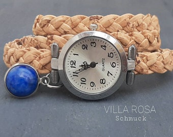 Zarte Wickelarmbanduhr aus geflochtenem Korkband Silber Damenuhr Armbanduhr Kork blau Lapis Lazuli