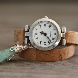 Ladies wrap watch cork strap ladies watch wristwatch brown silver quartz watch with gemstone gemstone jewelry pendant silver jewelry watch vegan