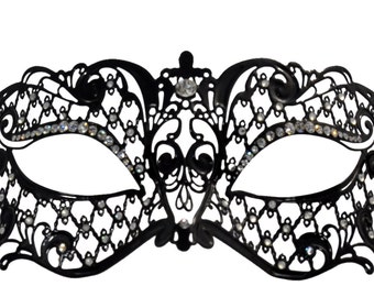 Lotus Filigree Black Masquerade Mask With Clear Rhinestones