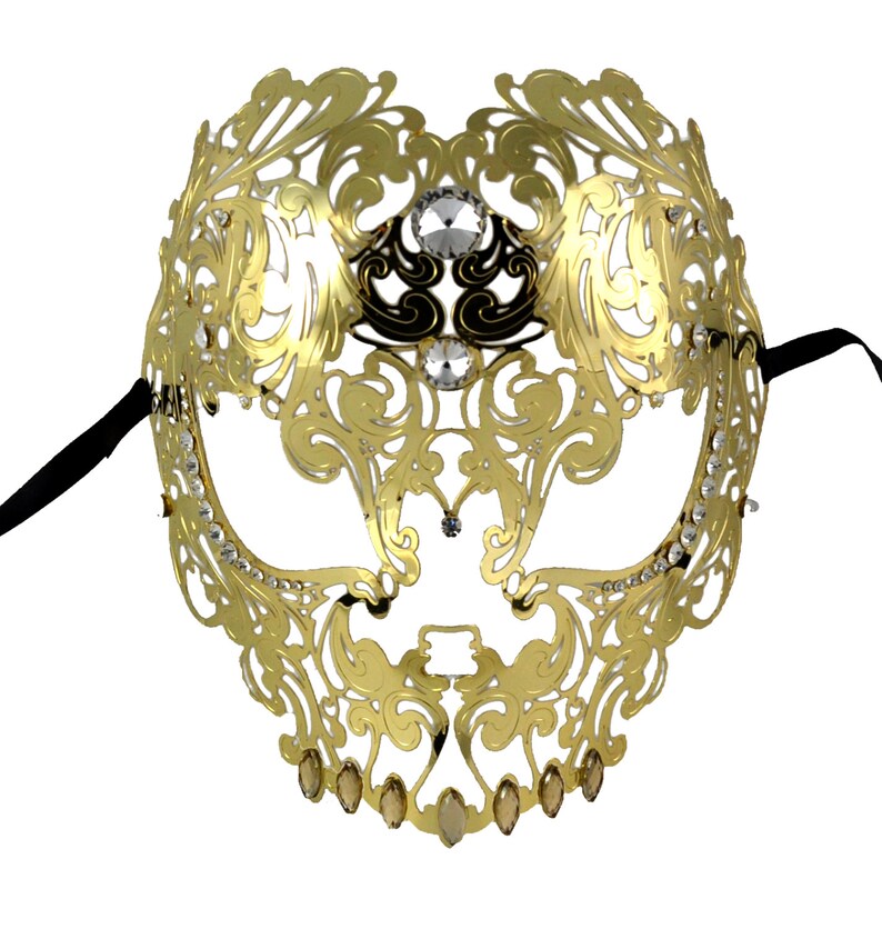 Gold Demon Skull Filigree Masquerade Mask With Clear Crystals Etsy