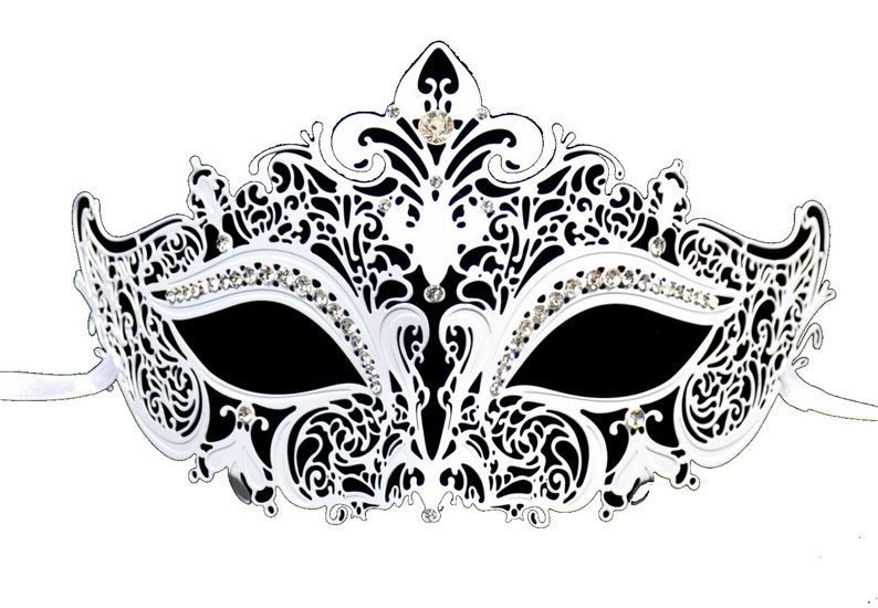 White Space Filigree Masquerade Mask With Clear Rhinestones
