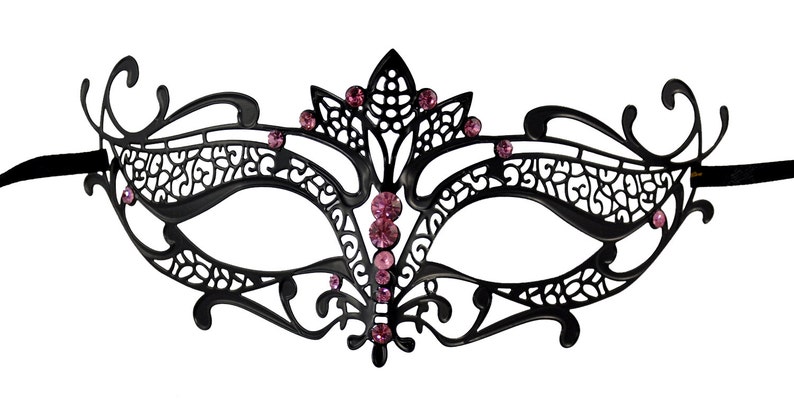 Lotus Filigree Black Masquerade Mask With Pink Rhinestones