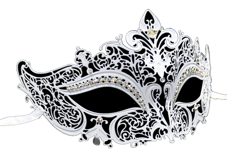 White Space Filigree Masquerade Mask With Clear Rhinestones