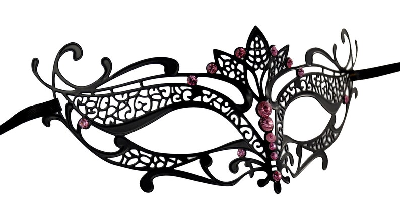 Lotus Filigree Black Masquerade Mask With Pink Rhinestones