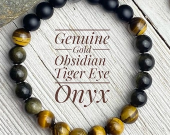 Mens Tiger Eye Obsidian Onyx Stretch Bracelet, Courage, Strength