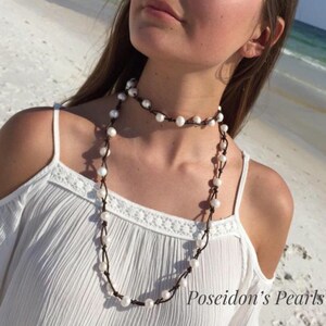 Double Wrap Leather and Pearl Necklace for Women, Real Freshwater Pearls Hand Knotted on Genuine Leather, Third Anniversary Gift for Wife