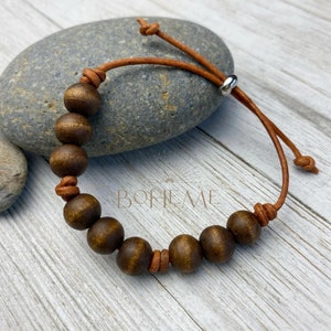 Men's Bracelet, Rustic Brown Leather Bracelet w/ Natural Wood Beads, Hand Knotted on Adjustable Leather Cord Bracelet, Boyfriend Gift