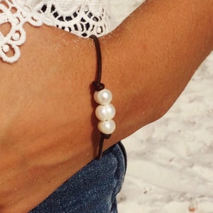Pearl Leather Bracelet, Three Petite Pearls, Surfer Girl Jewelry, Gift for Teenage Girls