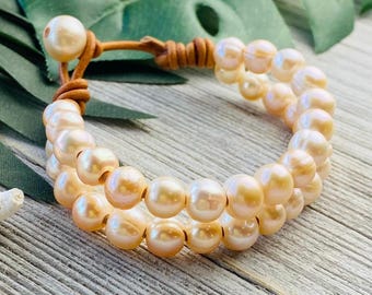 Peach Pearl Leather Bracelet, Boho Bracelet for Women
