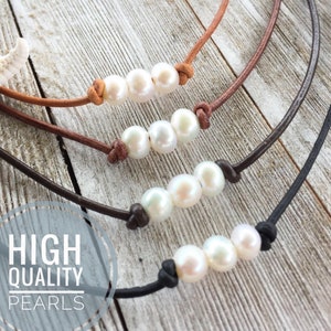 Teenage Girl Necklace with Three Petite Pearls on Leather Cord