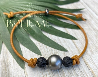 Tahitian Pearl Bracelet, Unisex Pearl with Lava Beads on Leather Adjustable Bracelet,