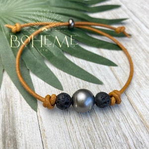 Genuine Tahitian Pearl Bracelet, Unisex Pearl with Lava Beads on Leather Adjustable Bracelet