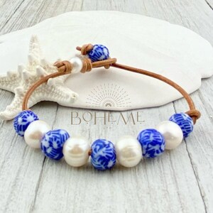Chinoiserie Bracelet: Blue Glass Bead & Pearl Leather Bracelet