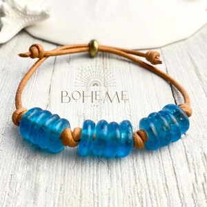 Beach Bracelet for Women, Sea Blue Glass Beads on Leather Cord Bracelet, Adjustable Friendship Matching Bracelet, Teen Stocking Stuffer