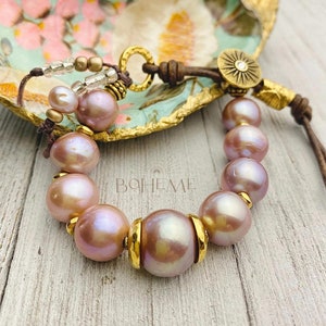 Pink Edison Pearl Bracelet: Large Pearls on Leather Statement Jewelry