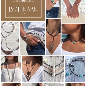 May include: A collage of images showcasing various pearl and turquoise jewelry pieces. The jewelry includes necklaces, bracelets, and earrings. The jewelry is made with leather cord and features freshwater pearls and turquoise stones. The brand name "BOHEME LTD" is displayed in the top left corner of the image.