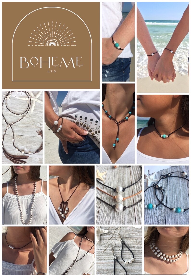 May include: A collage of images showcasing various pearl and turquoise jewelry pieces. The jewelry includes necklaces, bracelets, and earrings. The jewelry is made with leather cord and features freshwater pearls and turquoise stones. The brand name "BOHEME LTD" is displayed in the top left corner of the image.