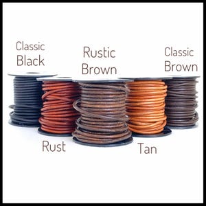 May include: Five spools of leather cord in different colors: classic black, rustic brown, rust, tan, and classic brown.