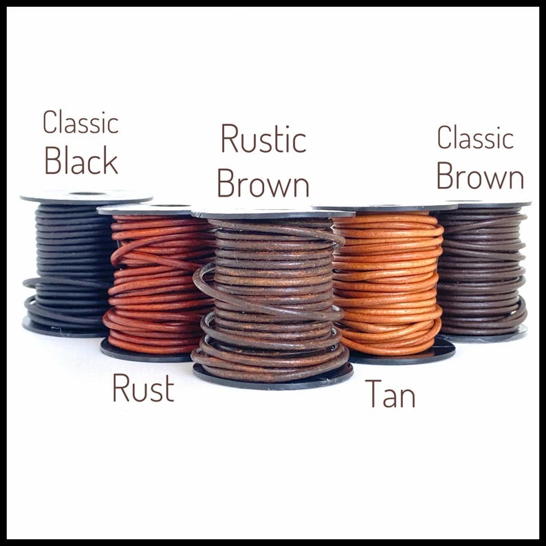 May include: Five spools of leather cord in different colors: classic black, rustic brown, rust, tan, and classic brown.