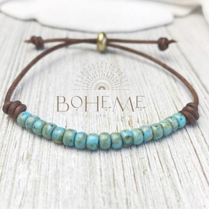 Thin Turquoise Bead Leather Bracelet, Adjustable Stacking Bracelet