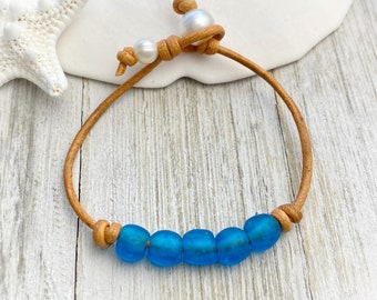Dainty Sea Glass Bracelet, Beachy Blue Seaglass and Pearls on Leather, Unique Gift Idea for Bridesmaid, Graduation or Birthday Gift for her