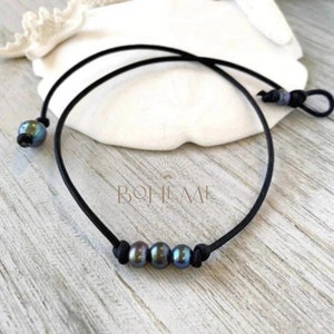 Three Petite Black Pearls Choker Necklace: Leather Cord Boho Jewelry