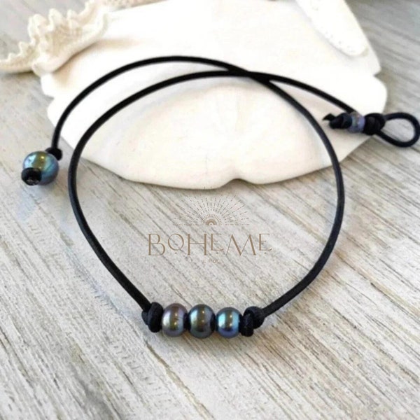 Black Pearl Necklace, Three Small Petite Black Pearls on Leather Cord Choker Necklace, Boho Beach Summer Jewelry, Gift for Women