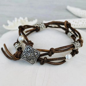 Leather Bracelets for Women, Wrap Bracelet with Freshwater Pearls and Silver Beads