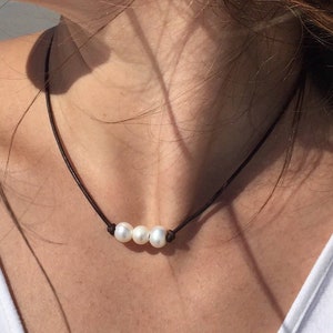 Women's Three Pearl Necklace, Unique Gift for Daughter, Petite Freshwater Pearls on Leather Cord, Boho Beach Jewelry, Choose your Leather image 1