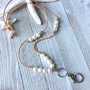 Pearl Leather Lanyard: Freshwater Pearls, Silver Beads, Boho Chic ID Badge Holder