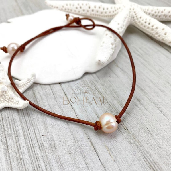 Unique Peach Pearl Necklace, Single Pink Peach Freshwater Pearl on Leather Cord Choker, Graduation Gift for Teen Daughter, Summer Jewelry