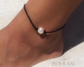 Freshwater Pearl Ankle Bracelet, Black Leather Cord Anklet, Handmade