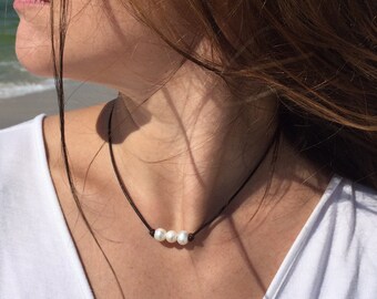 ★PEARLY MORE★ Three Line Leather Choker Necklace T3-Choker Limited Edition Handcrafted Choker Pearl Spike