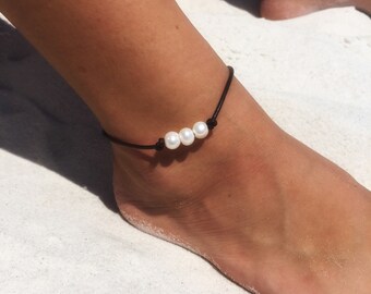 Dark Brown Leather Anklet for Women, Three Pearl Ankle Bracelet,  Girl, gift for teenage daughter, etsy summer jewelry, large size available