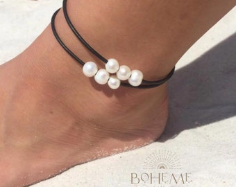 Double Layered Pearl Anklet for Women, Three Pearl Leather Ankle Bracelet, large size available, gift for her, non metal