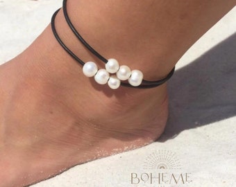 Tobillera de perlas de cuero negro, joyería de playa de agua dulce, pulsera de tobillo de verano hecha a mano