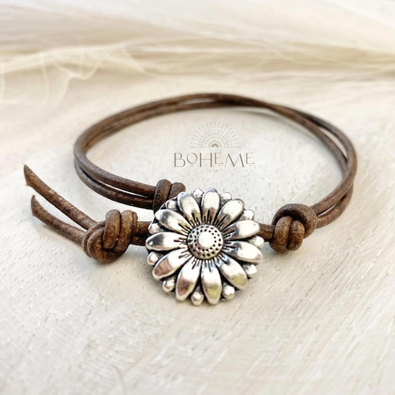 Teenage Girls Gifts, Sunflower Friendship Bracelets, Trendy Leather Boho Wrap Bracelet w/ Cute Flower Button Bracelet for Teen Daughter
