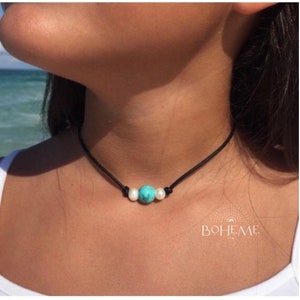 Beach Necklace, Gift for Teenage Girls, Turquoise & Pearls on Leather Choker, Gift for Teen Daughter, Trendy Tween Jewelry