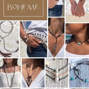 Puede incluir: Un collage de joyer&iacute;a de estilo bohemio, que incluye collares, pulseras y pendientes. La joyer&iacute;a presenta perlas, cuentas turquesas y cordones de cuero. La marca "BOHEME" se muestra en un logotipo en la parte superior izquierda.