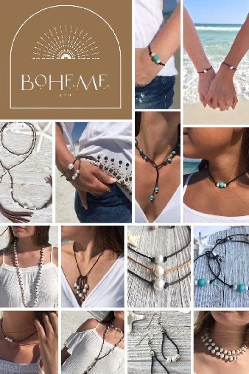 Puede incluir: Un collage de joyer&iacute;a de estilo bohemio, que incluye collares, pulseras y pendientes. La joyer&iacute;a presenta perlas, cuentas turquesas y cordones de cuero. La marca "BOHEME" se muestra en un logotipo en la parte superior izquierda.