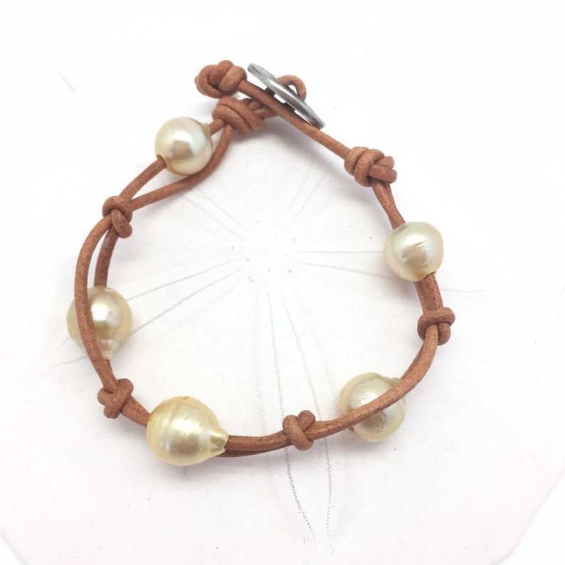 Rare South Sea Pearl Bracelet Pearl and Leather Jewelry Yellow Gold Pearls Knotted on Tan Leather etsy bracelet